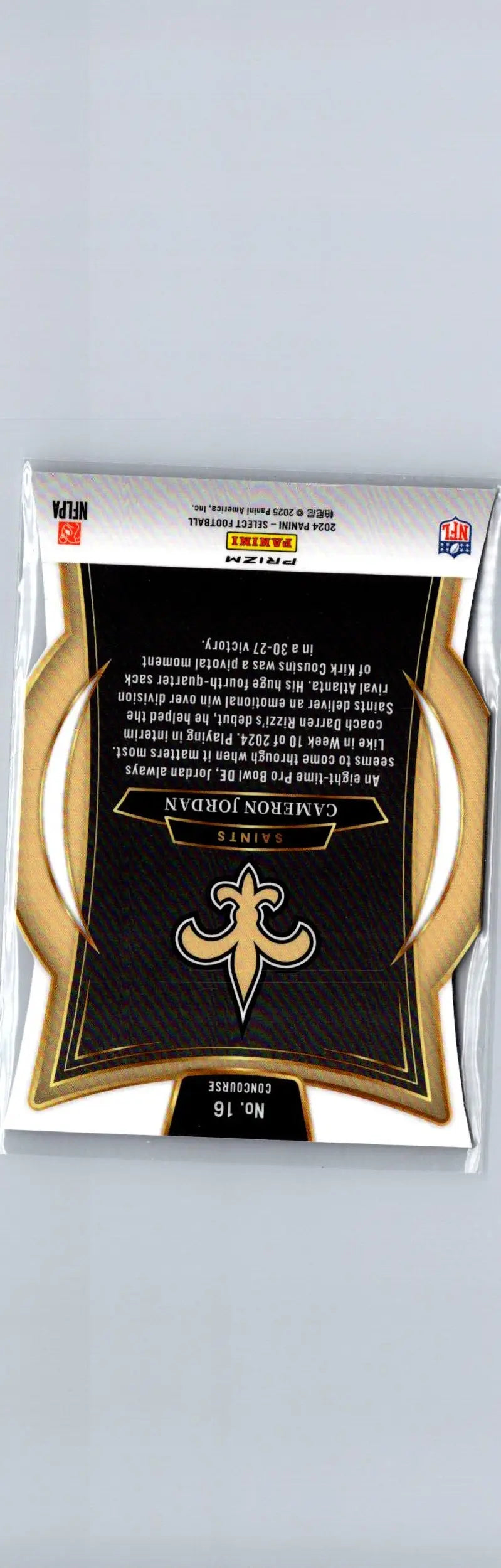Football trading card featuring Cameron Jordan Silver Prizm Die Cut from 2024 Panini Select