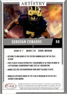 2024 SAGE Artistry #7 Donovan Edwards Dark Blue-DO NOT USE - Football Card Single