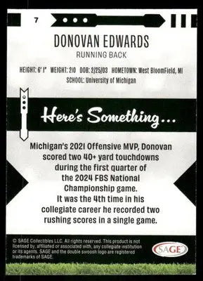 2024 SAGE Donovan Edwards #7 Football - Football Card Single