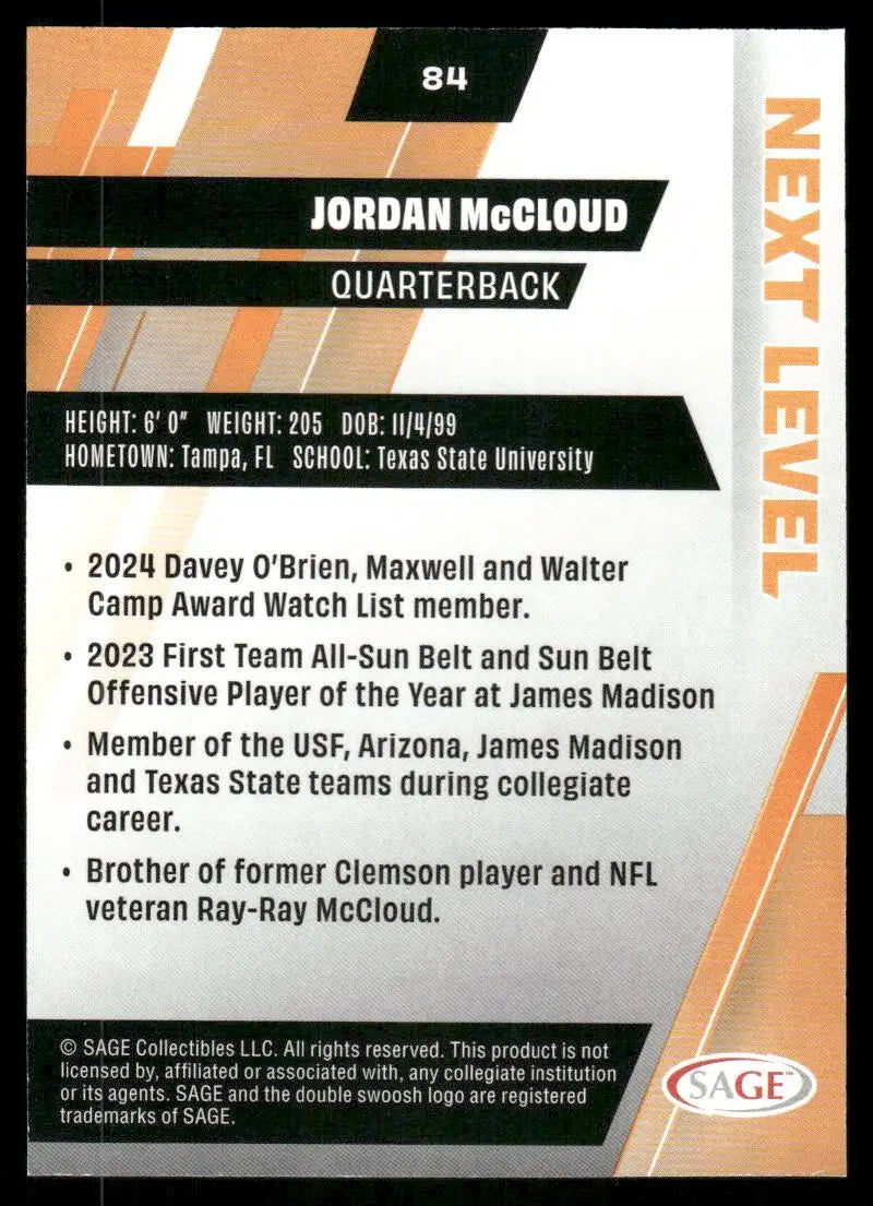 2024 SAGE Next Level Jordan McCloud #84 Football - Football Card Single