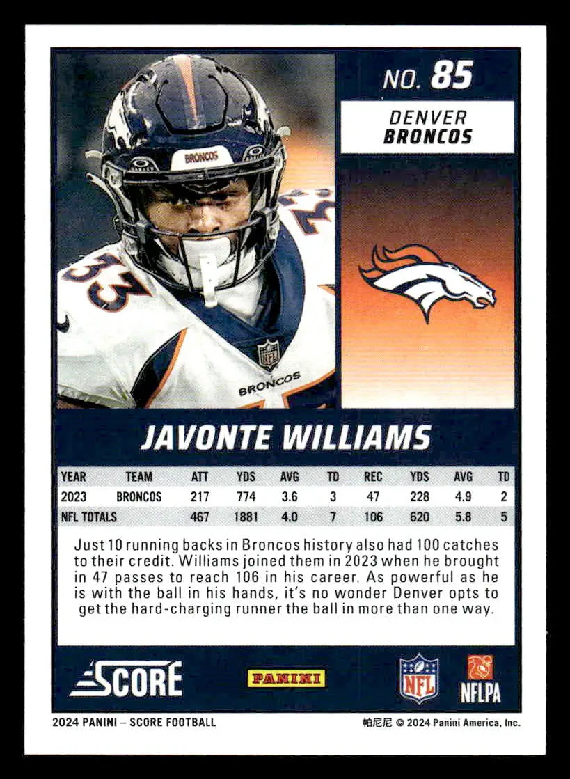 2024 Score #85 Javonte Williams - Football Card Single