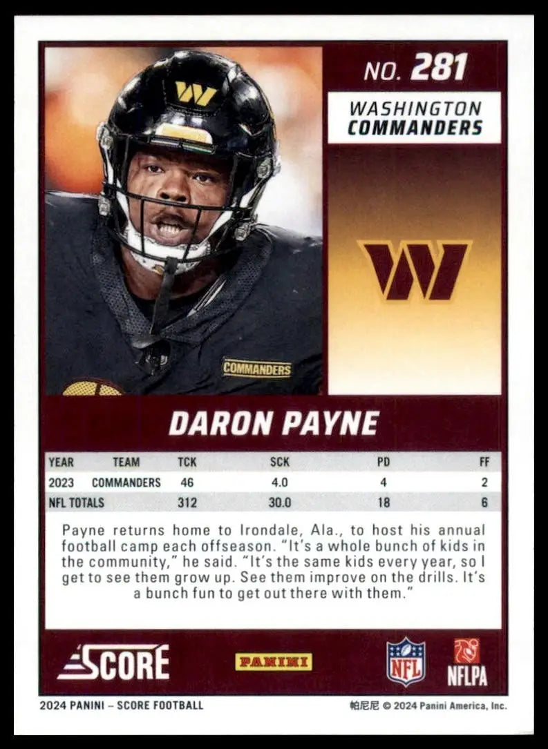 2024 Score Daron Payne #281 Washington Commanders Football Card NFL Sports - Football Card Single