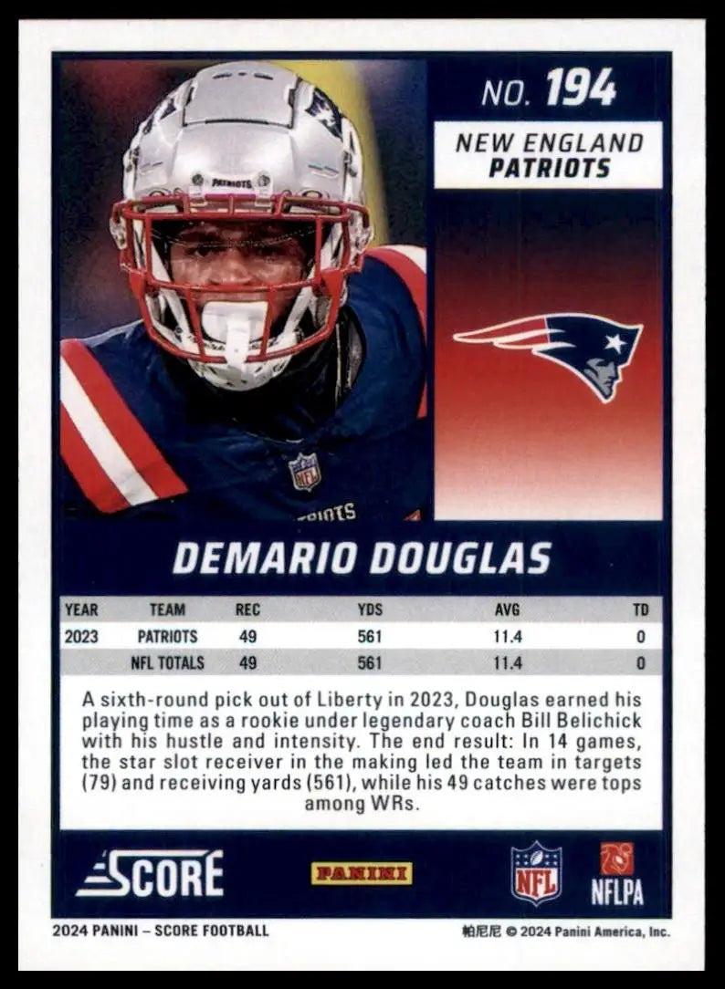2024 Score Demario Douglas #194 New England Patriots Football Card NFL Sports