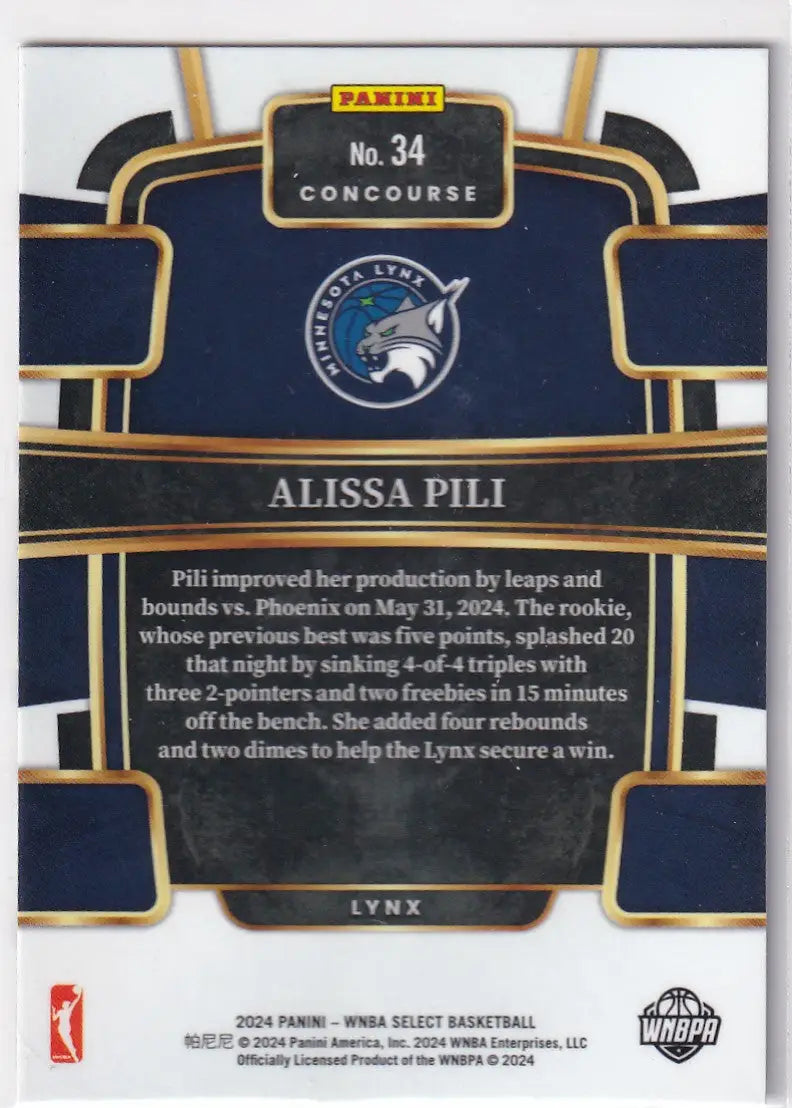 2024 SELECT #34 ALISSA PILI CONCOURSE- MINESSOTA LYNX - Basketball Card Single