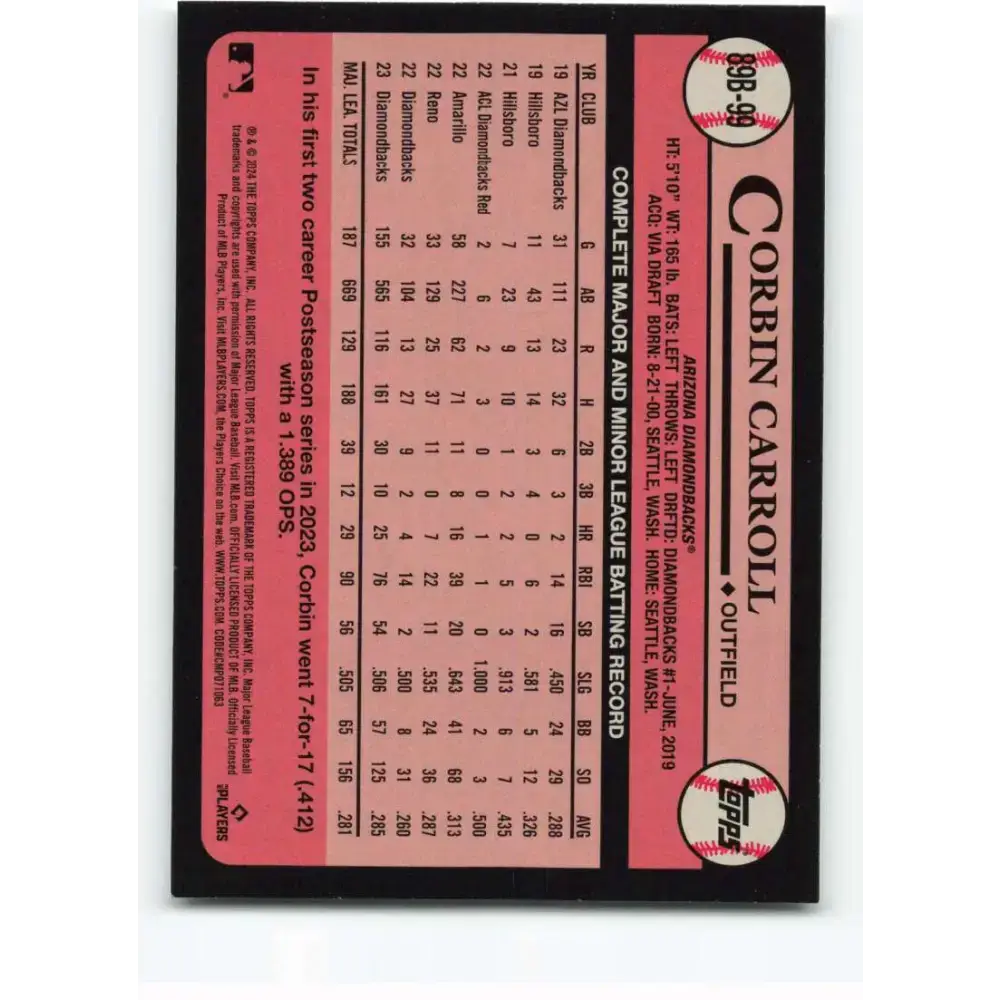 2024 Topps 1989 Baseball #89B-99 Corbin Carroll NM-MT Arizona Diamondbacks Baseball Card - Baseball Card Single