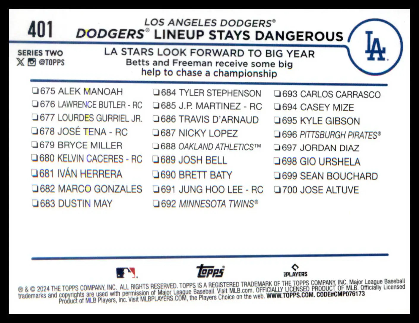 2024 Topps #401 Dodgers Lineup Stays Dangerous Freddie Freeman/Mookie Betts - Baseball Card Single