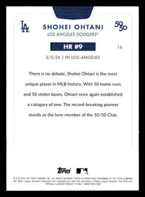 Back of 2024 Topps Shohei Ohtani baseball card featuring Los Angeles player profile