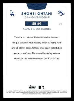 Back of 2024 Topps Shohei Ohtani baseball card celebrating Shohei Ohtani’s 50/50 club achievement