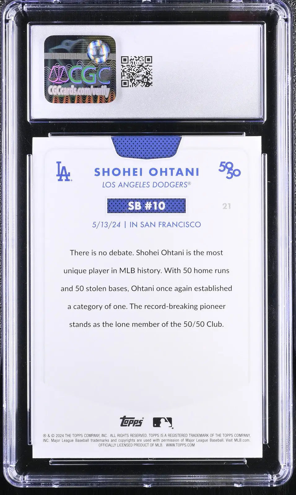 Graded Shohei Ohtani baseball card with detailed career stats in 2024 Topps 50/50 series