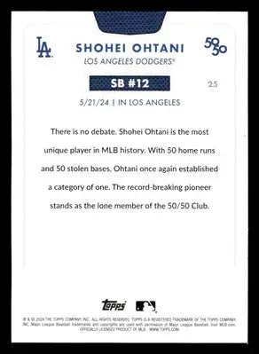 White Shohei Ohtani Los Angeles baseball card from 2024 Topps 50/50 series