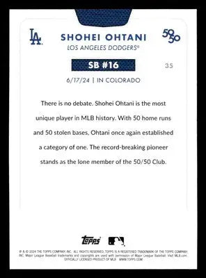 Back of a Shohei Ohtani baseball card from 2024 Topps 50/50 series featuring Shohei Ohtani