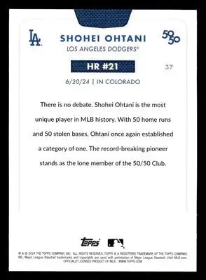 Back of a Shohei Ohtani baseball card from 2024 Topps 50/50 series