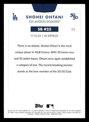 Back of Shohei Ohtani baseball trading card from 2024 Topps 50/50 Los Angeles Dodgers