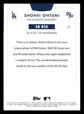 Back of 2024 Topps Shohei Ohtani baseball card celebrating his 50/50 season, Los Angeles Dodgers