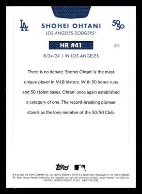 Baseball trading card of Shohei Ohtani from 2024 Topps 50/50 series featuring Los Angeles Dodgers branding