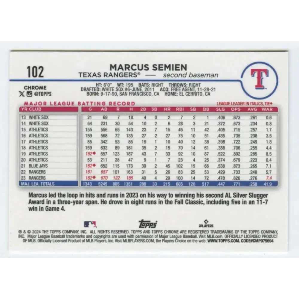 2024 Topps Chrome #102 Marcus Semien NM-MT Texas Rangers Baseball Card - Baseball Card Single