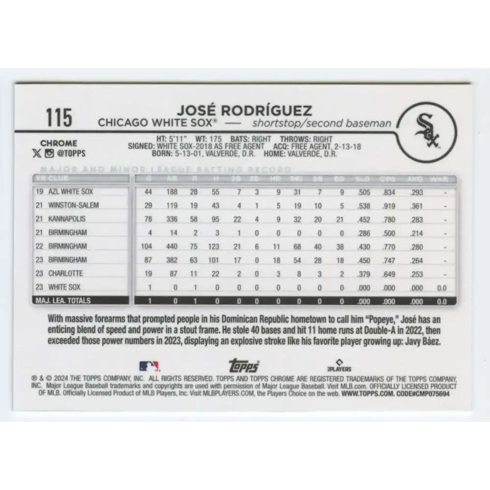 2024 Topps Chrome #115 Jose Rodriguez NM-MT RC Rookie Chicago White Sox Baseball Card - Baseball Card Single