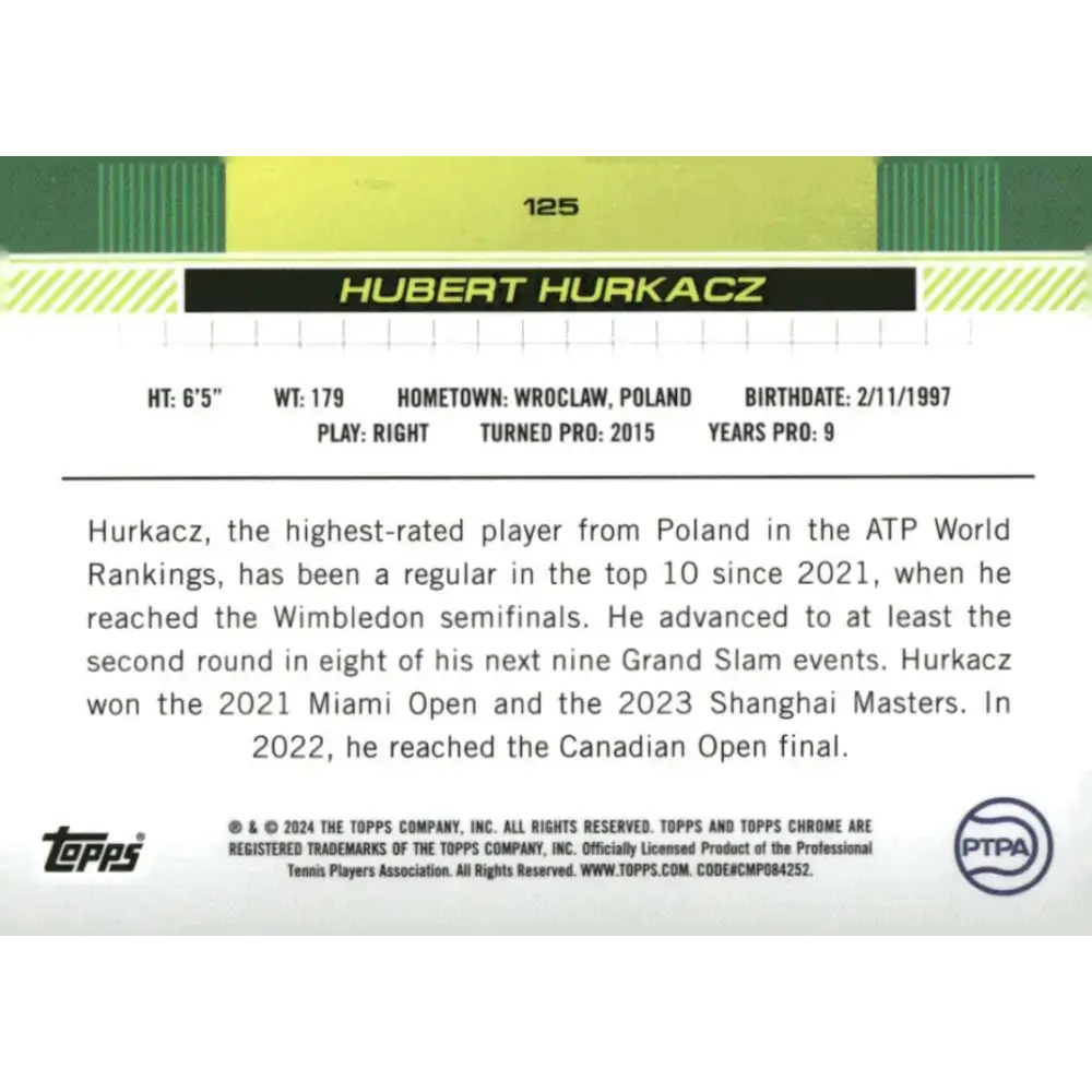 2024 Topps Chrome #125 Hubert Hurkacz EX Excellent Tennis Card - Tennis Card Single