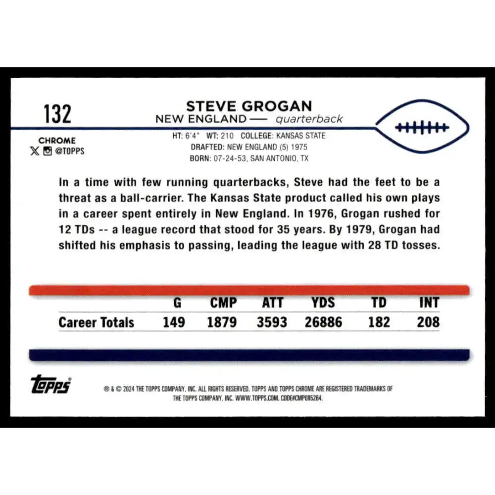 2024 Topps Chrome #132 Steve Grogan NM-MT New England Patriots Football Card - Football Card Single