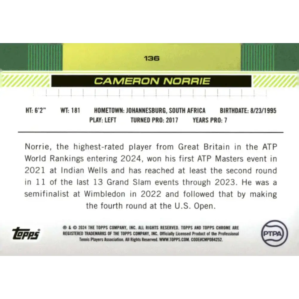 2024 Topps Chrome #136 Cameron Norrie EX Excellent Tennis Card - Tennis Card Single