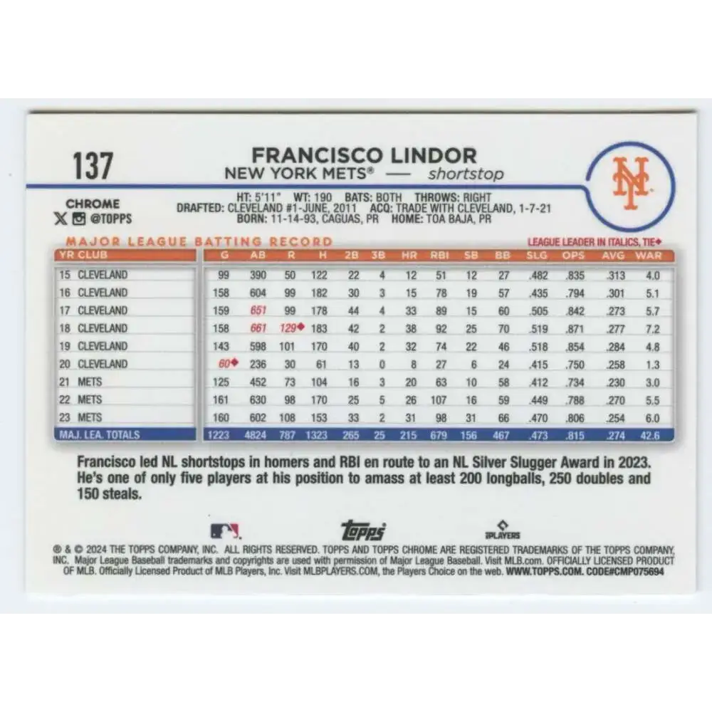 2024 Topps Chrome #137 Francisco Lindor NM-MT New York Mets Baseball Card - Baseball Card Single