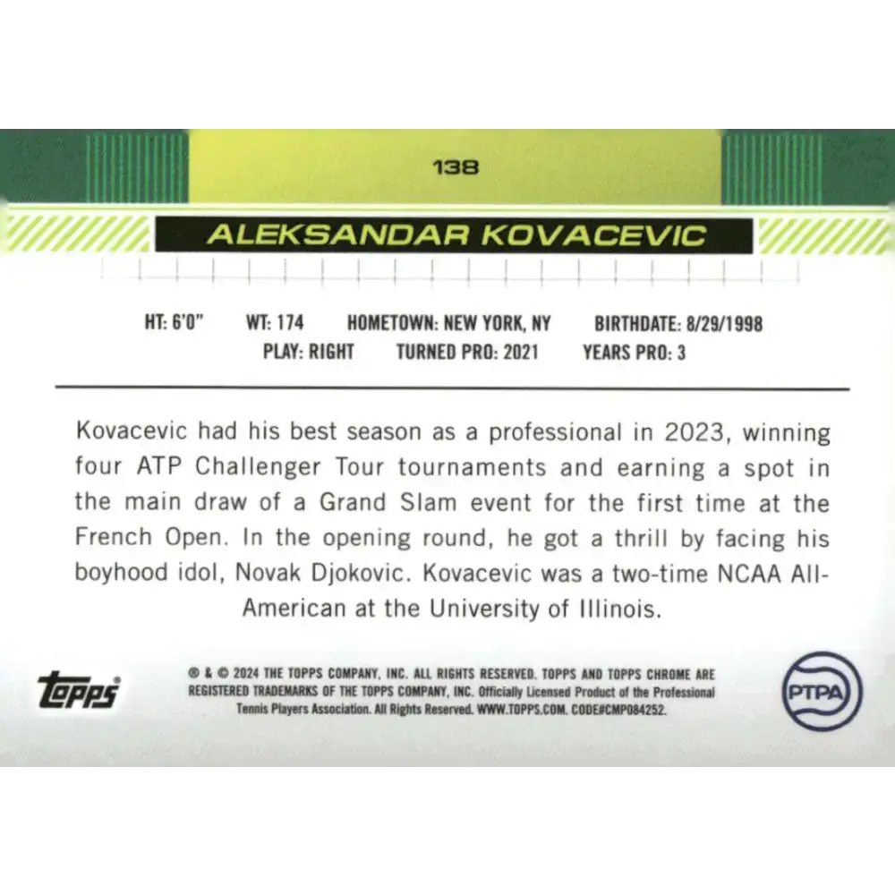 2024 Topps Chrome #138 Aleksandar Kovacevic EX Excellent RC Rookie Tennis Card - Tennis Card Single