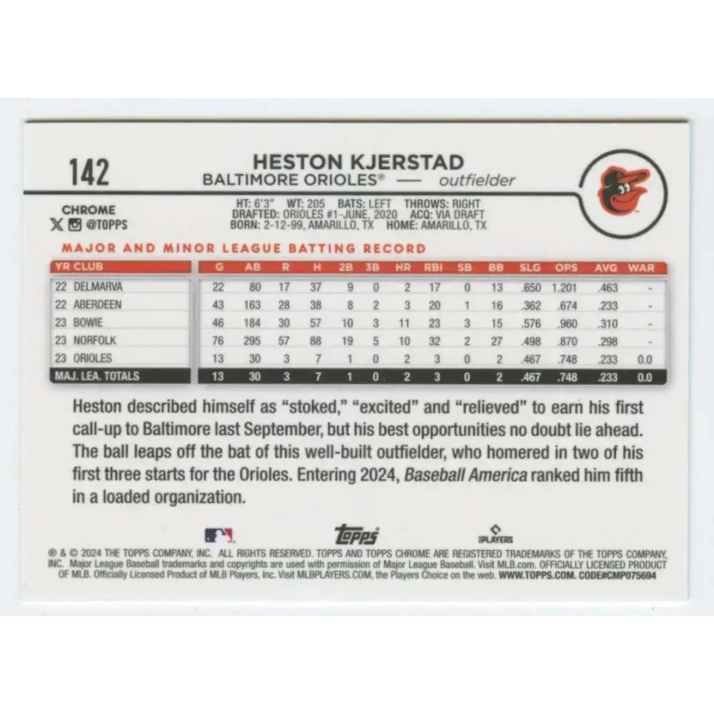 2024 Topps Chrome #142 Heston Kjerstad NM-MT RC Rookie Baltimore Orioles Baseball Card - Baseball Card Single