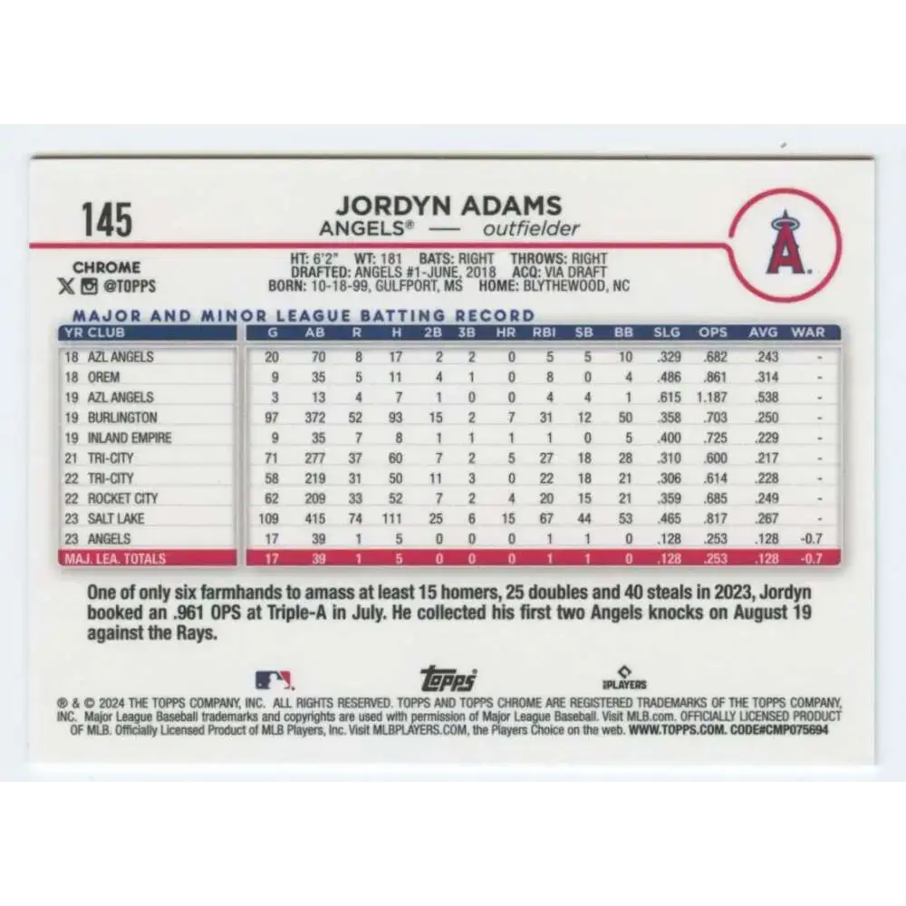 2024 Topps Chrome #145 Jordyn Adams NM-MT RC Rookie Los Angeles Angels Baseball Card - Baseball Card Single