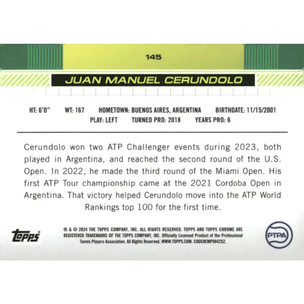 2024 Topps Chrome #145 Juan Manuel Cerundolo EX Excellent Tennis Card - Other