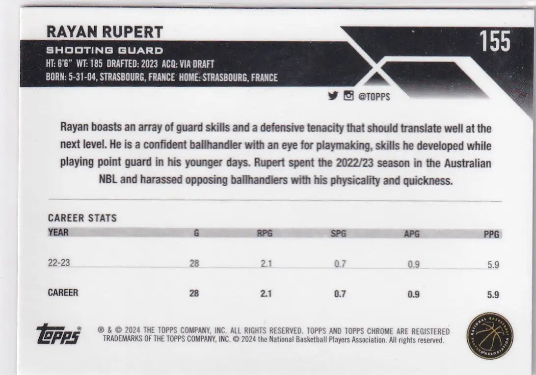 2024 TOPPS CHROME #155 RAYAN RUPERT HOLO- PORTLAND TRAIL BLAZZERS - Basketball Card Single