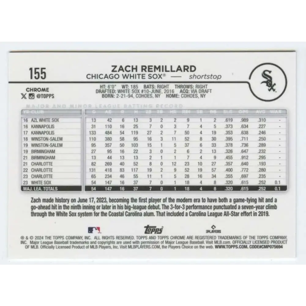 2024 Topps Chrome #155 Zach Remillard NM-MT RC Rookie Chicago White Sox Baseball Card - Baseball Card Single