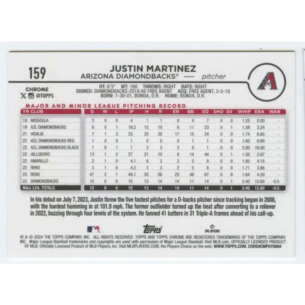 2024 Topps Chrome #159 Justin Martinez NM-MT RC Rookie Arizona Diamondbacks Baseball Card - Baseball Card Single