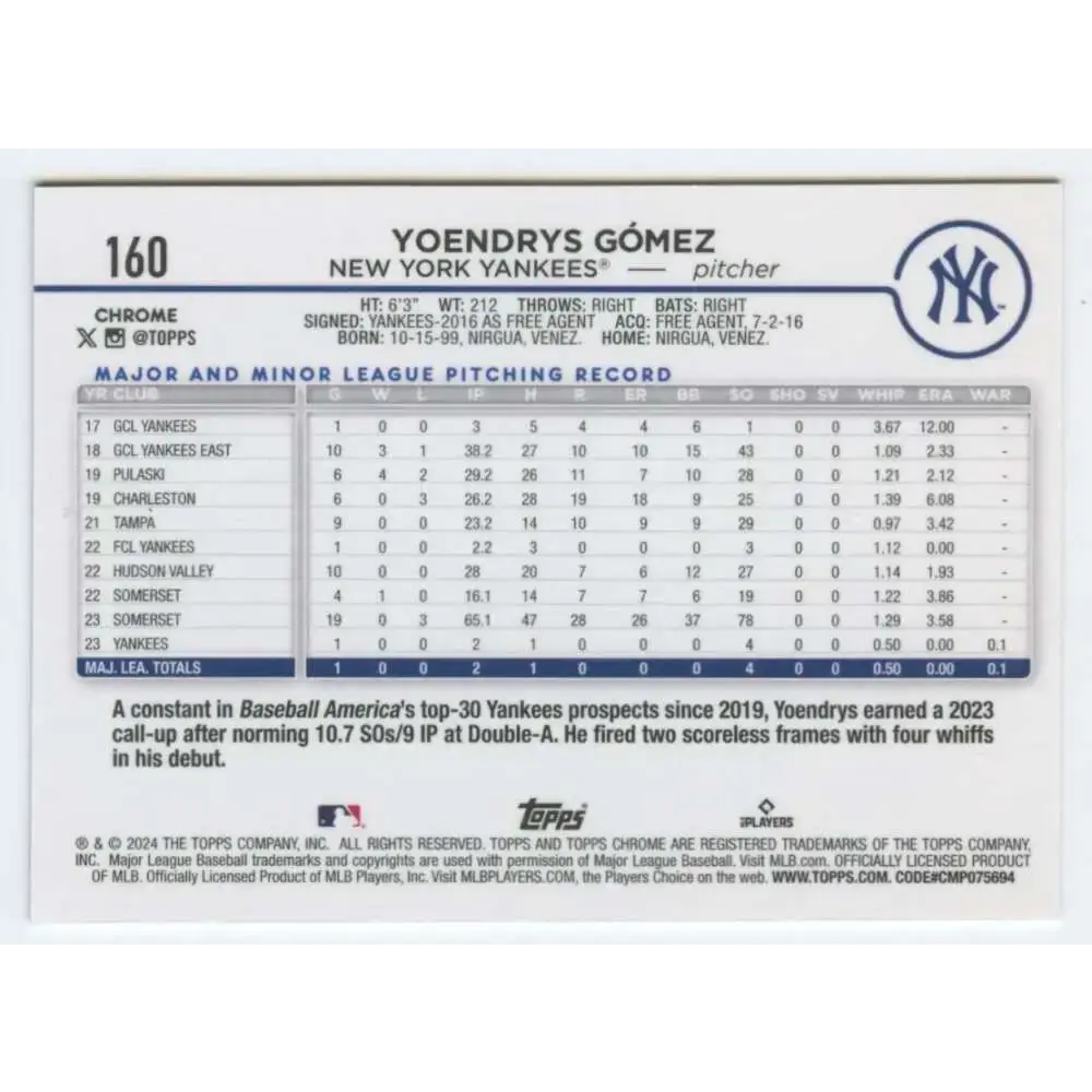 2024 Topps Chrome #160 Yoendrys Gomez NM-MT RC Rookie New York Yankees Baseball Card - Baseball Card Single