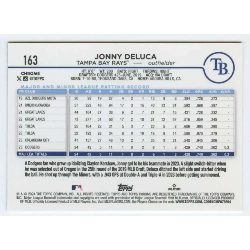 2024 Topps Chrome #163 Jonny Deluca NM-MT RC Rookie Tampa Bay Rays Baseball Card - Baseball Card Single