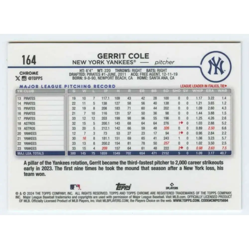 2024 Topps Chrome #164 Gerrit Cole NM-MT New York Yankees Baseball Card - Baseball Card Single
