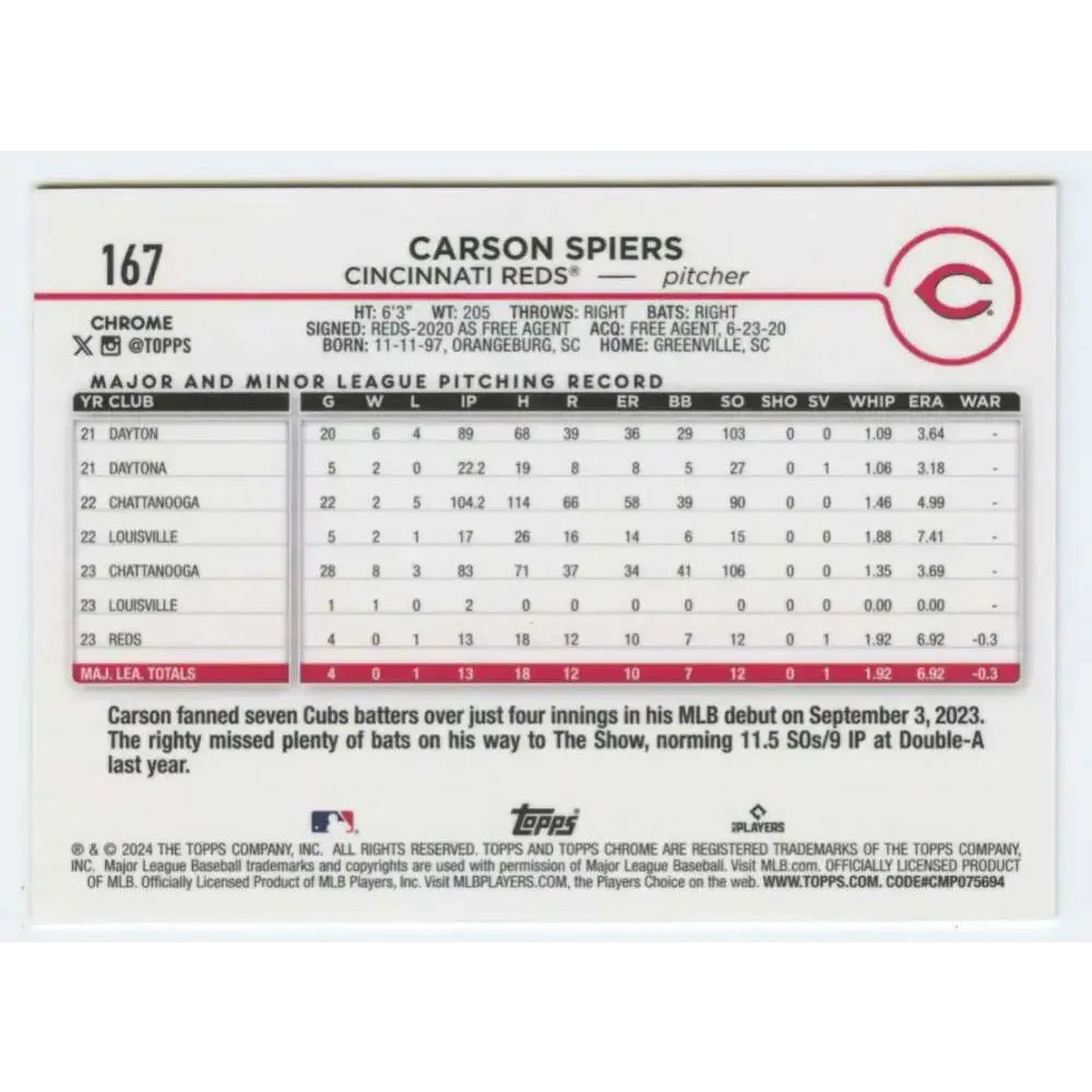 2024 Topps Chrome #167 Carson Spiers NM-MT RC Rookie Cincinnati Reds Baseball Card - Baseball Card Single