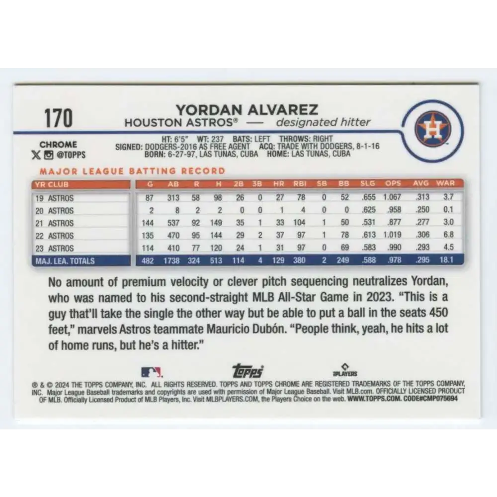 2024 Topps Chrome #170 Yordan Alvarez NM-MT Houston Astros Baseball Card - Baseball Card Single
