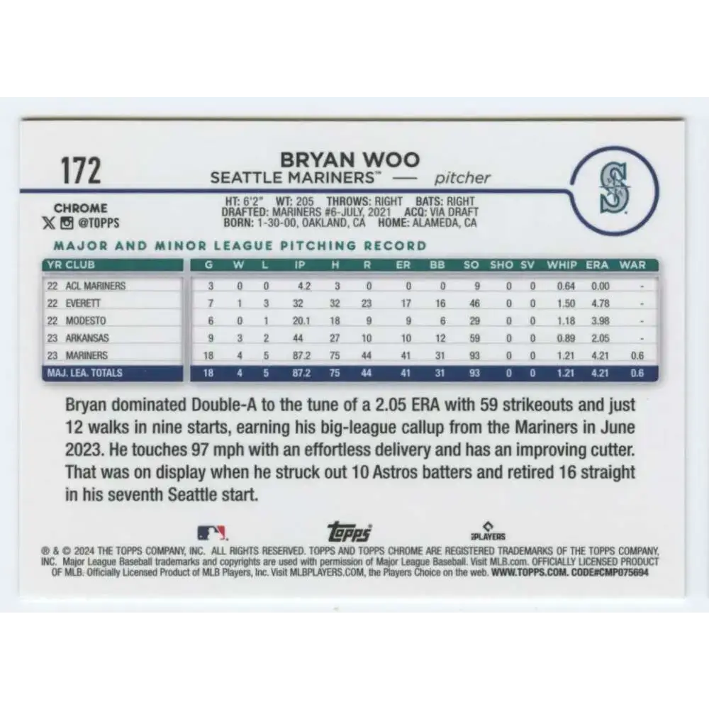 2024 Topps Chrome #172 Bryan Woo NM-MT RC Rookie Seattle Mariners Baseball Card - Baseball Card Single