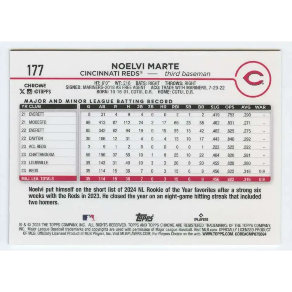 2024 Topps Chrome #177 Noelvi Marte NM-MT RC Rookie Cincinnati Reds Baseball Card - Baseball Card Single