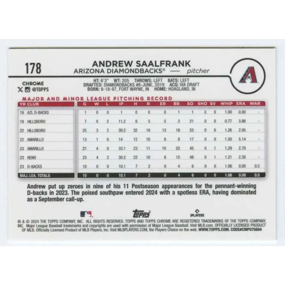 2024 Topps Chrome #178 Andrew Saalfrank NM-MT RC Rookie Arizona Diamondbacks Baseball Card - Baseball Card Single