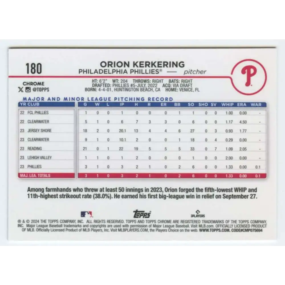 2024 Topps Chrome #180 Orion Kerkering NM-MT RC Rookie Philadelphia Phillies Baseball Card - Baseball Card Single