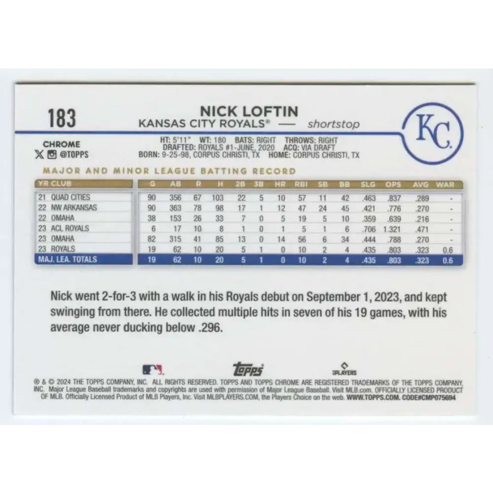 2024 Topps Chrome #183 Nick Loftin NM-MT RC Rookie Kansas City Royals Baseball Card - Baseball Card Single