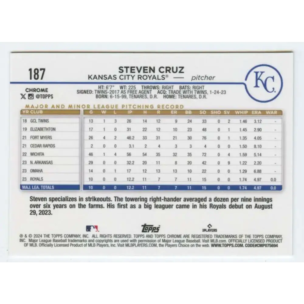 2024 Topps Chrome #187 Steven Cruz NM-MT RC Rookie Kansas City Royals Baseball Card - Baseball Card Single
