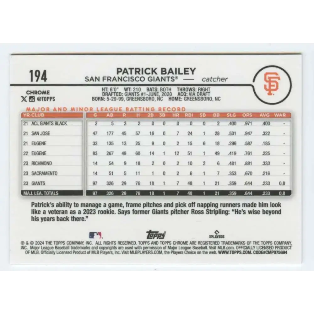 2024 Topps Chrome #194 Patrick Bailey NM-MT San Francisco Giants Baseball Card - Baseball Card Single