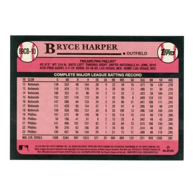 2024 Topps Chrome 1989 Baseball Refractor #89CB-10 Bryce Harper NM-MT Philadelphia Phillies Baseball Card - Baseball