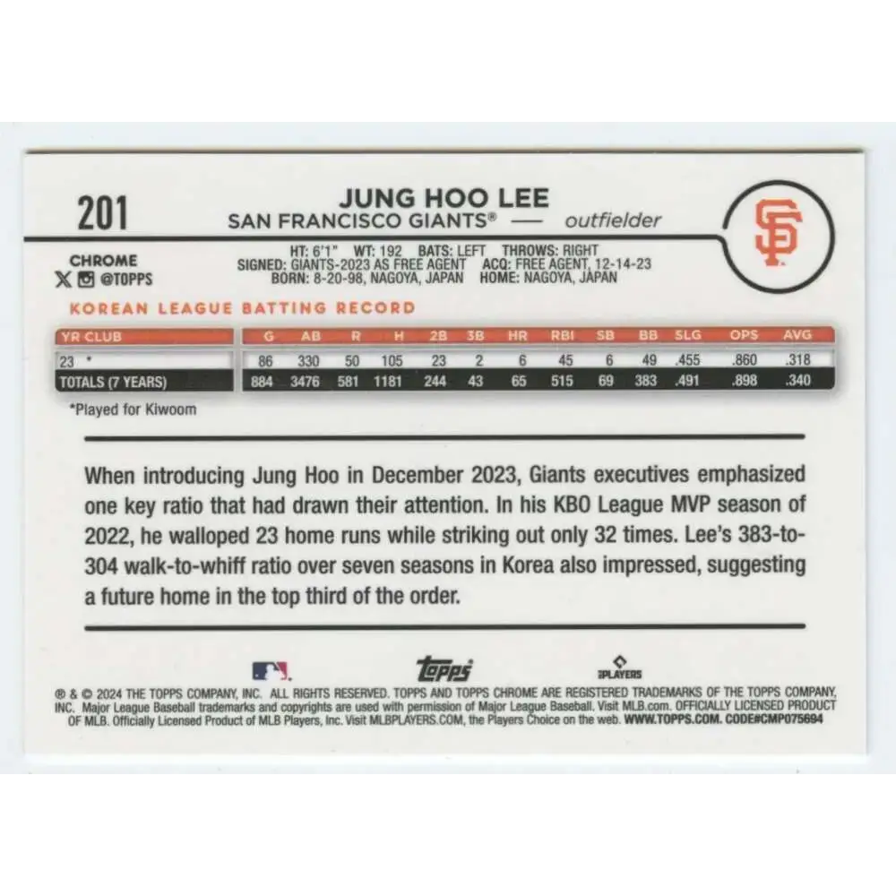 2024 Topps Chrome #201 Jung Hoo Lee NM-MT RC Rookie San Francisco Giants Baseball Card - Baseball Card Single