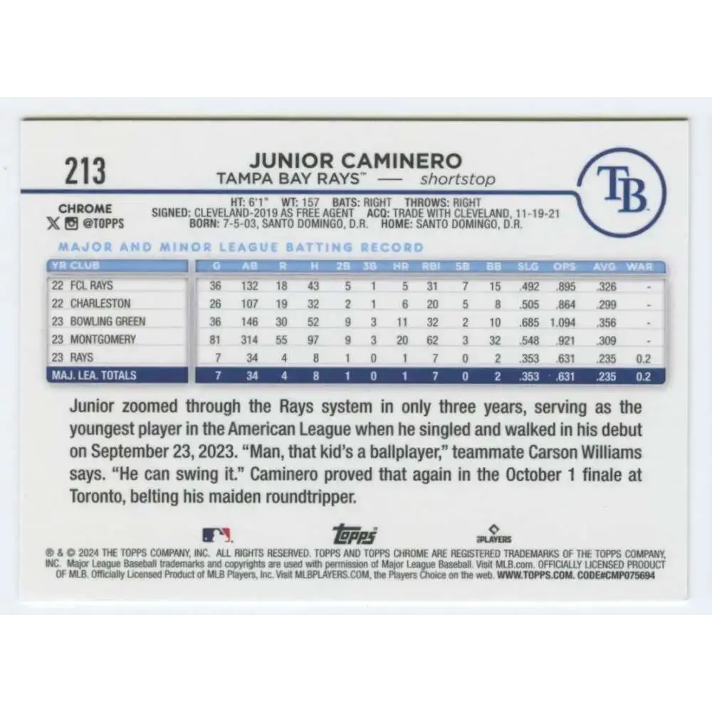2024 Topps Chrome #213 Junior Caminero NM-MT RC Rookie Tampa Bay Rays Baseball Card