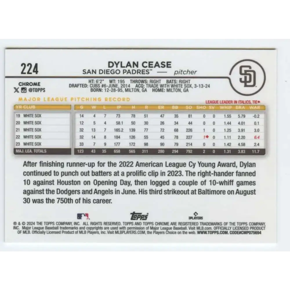 2024 Topps Chrome #224 Dylan Cease NM-MT San Diego Padres Baseball Card - Baseball Card Single