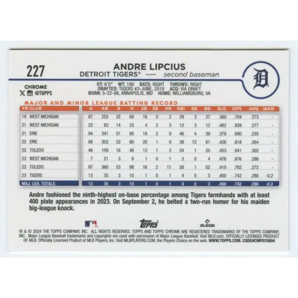 2024 Topps Chrome #227 Andre Lipcius NM-MT RC Rookie Detroit Tigers Baseball Card - Baseball Card Single