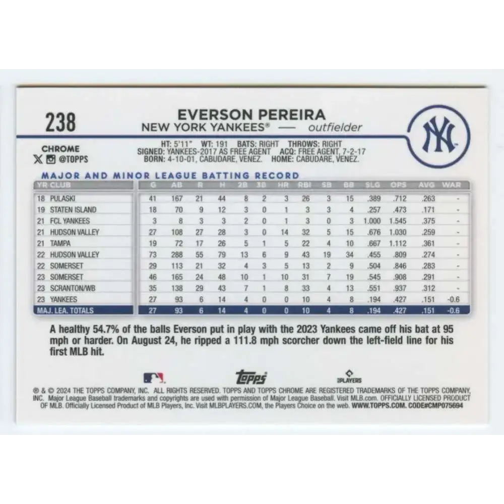 2024 Topps Chrome #238 Everson Pereira NM-MT RC Rookie New York Yankees Baseball Card - Baseball Card Single